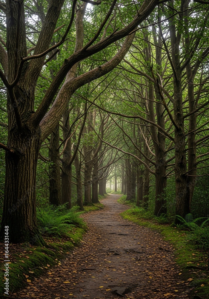 Fototapeta premium Forest path lined with arched trees and misty background