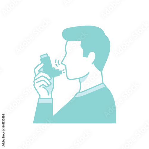 Man using inhaler to treat asthma or breathing difficulties in modern style