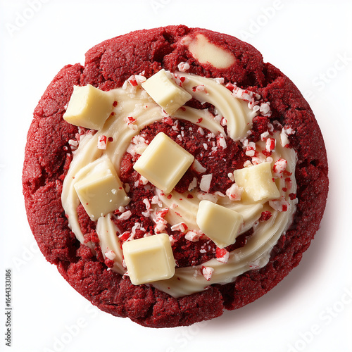 red velvet crumbl cookie with white chocolate on white background