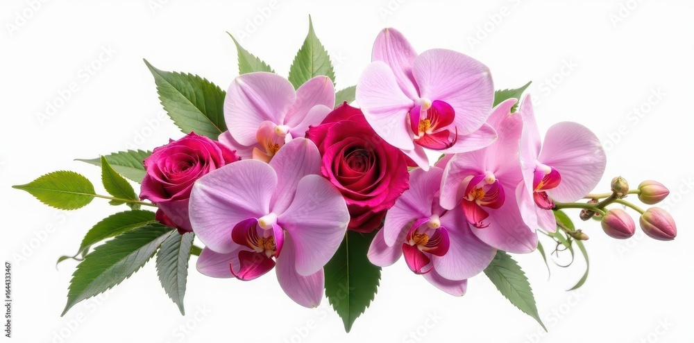 Fototapeta premium Elegant bouquet of roses and orchids, isolated on white , texture, arrangement