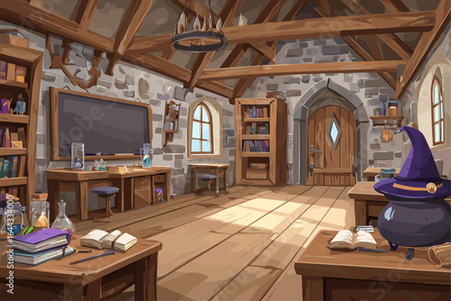 Enchanting Wizard's Workshop with Shelves, Potions, and Mysterious Vibes