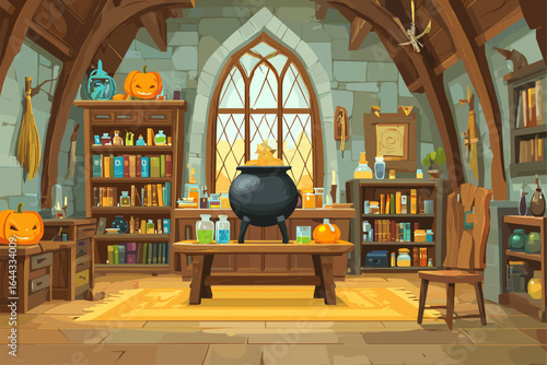 Spooky Witch's Potion Room with Cauldron and Halloween Decor