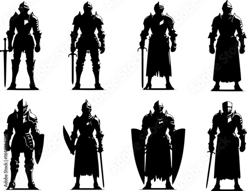 Vector sketch illustration silhouette design of a group of soldiers knights in armor of the classic vintage kingdom era with combat weapons