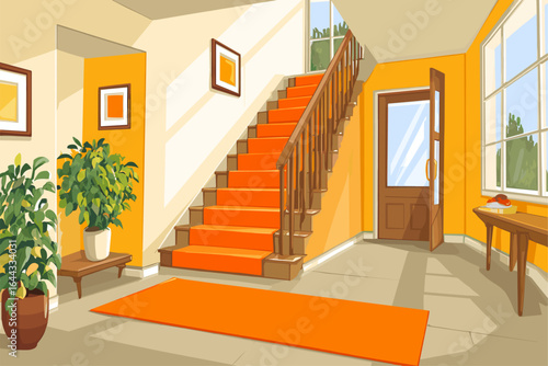 Bright and Welcoming Interior Hallway with Orange Accents