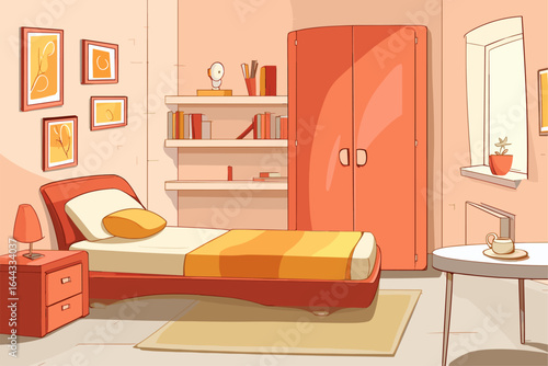 Modern Minimalist Bedroom Design with Orange Accents and Natural Light