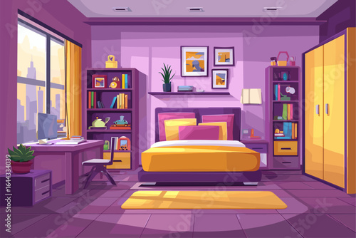 Cozy Modern Bedroom Interior with Purple and Yellow Accents