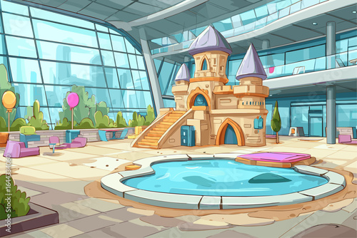 Colorful Indoor Playground with Castle and Pool in Modern Architecture