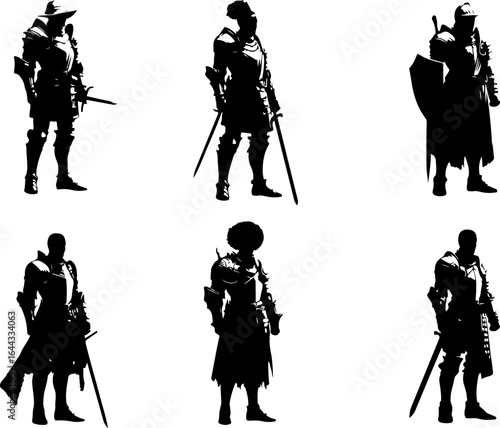 Vector sketch illustration silhouette design of a group of soldiers knights in armor of the classic vintage kingdom era with combat weapons
