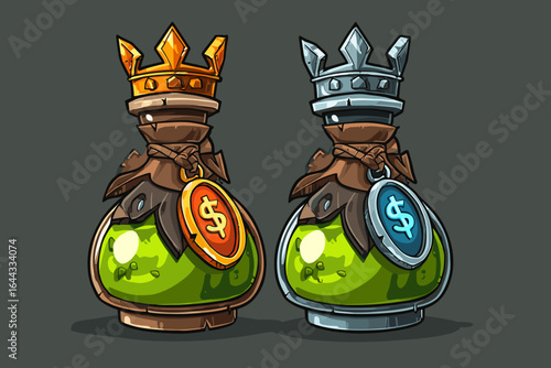 Colorful Potion Bottles with Crown Designs for Fantasy Themes