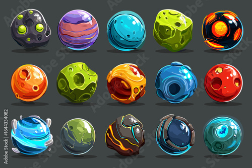 Colorful Set of Cartoon-Style Planetary Orbs and Moons for Creative Projects