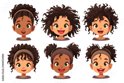 Diverse Cartoon Characters with Curly Hair Expressions