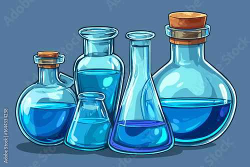 Colorful Glass Laboratory Beakers and Bottles with Blue Liquid