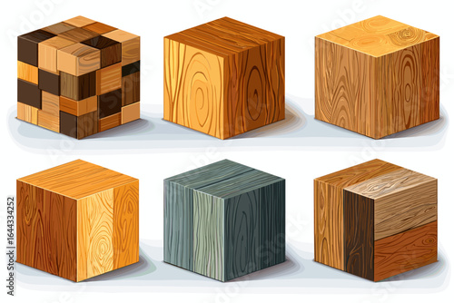 Collection of Wooden Cubes with Different Textures and Patterns