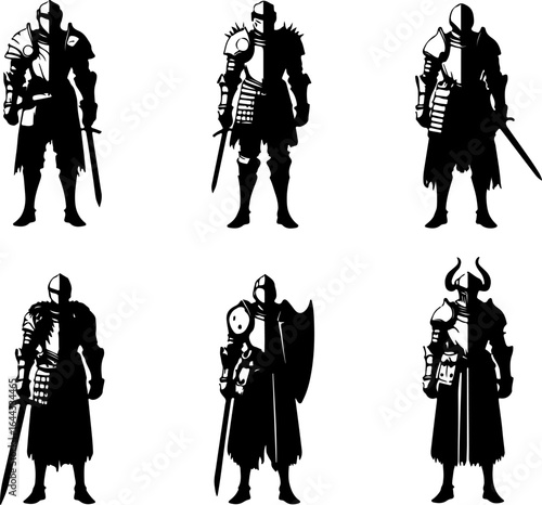 Vector sketch illustration silhouette design of a group of war troops in armor from the classic vintage kingdom era