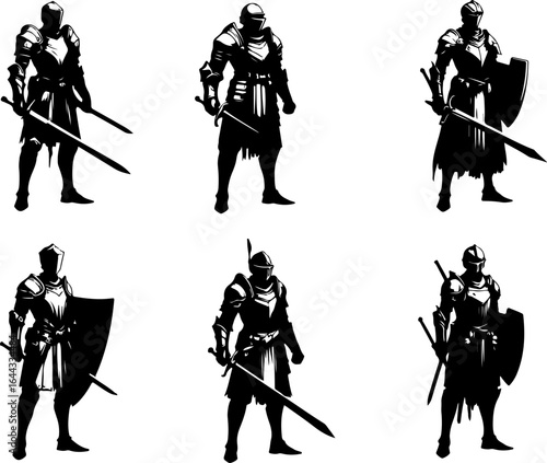 Vector sketch illustration silhouette design of a group of war troops in armor from the classic vintage kingdom era