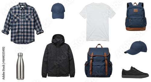 LIFESTYLE - Casual men's clothing and accessories laid out including shirts, jackets, backpacks, caps, shoe, and water bottle in navy and black tones