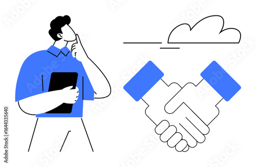 Man pondering solutions while holding a tablet, handshake emphasizing partnership. Ideal for teamwork, decision-making, business collaboration, partnerships, trust, communication networking. Simple