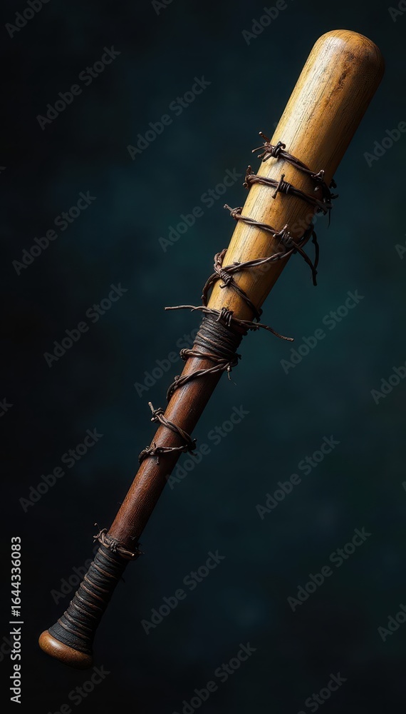 Naklejka premium Barbed wire wrapped baseball bat, menacing weapon , barbed wire, threat