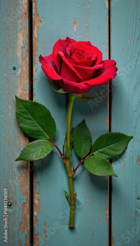 A single red rose with green leaves on weathered wood , decay, element, vintage