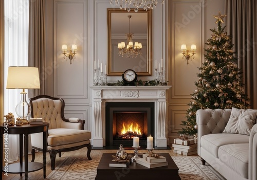 Elegant Living Room Decorated for Christmas Celebration with Festive Fireplace and Tree