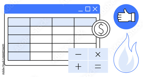 Spreadsheet interface, dollar symbol, calculator, thumbs-up, and flame icon. Ideal for finance, budgeting, accounting, analytics success growth simple landing page