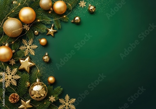 Elegant Golden Christmas Ornaments and Greenery on a Dark Green Background