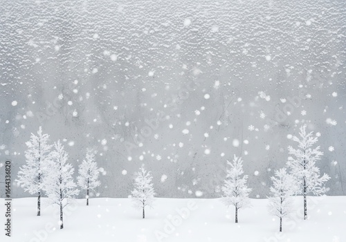 Gentle snowfall blankets a serene winter forest with frosty white trees and a textured grey background creating a peaceful winter wonderland atmosphere