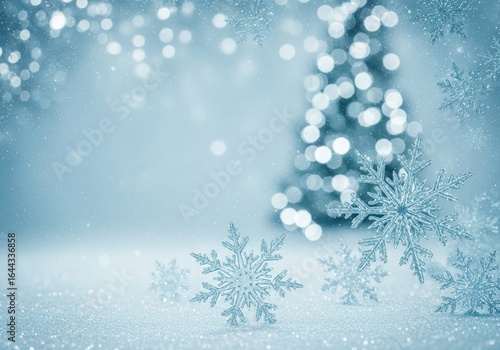 Beautiful Winter Snowflakes and Christmas Tree Bokeh Lights Background Festive Holiday Season