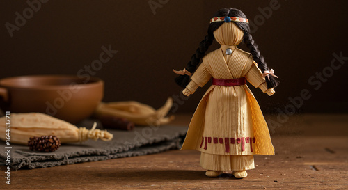 handmade Native American corn husk doll with braided hair, dressed in miniature traditional clothing, rustic table setting  Native American doll standing on rustic wooden surface with pottery  