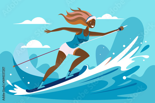 African American woman enjoying water sports, confidently water skiing on vibrant blue waves, showcasing athleticism and joy in a sunny outdoor environment with dynamic splashes