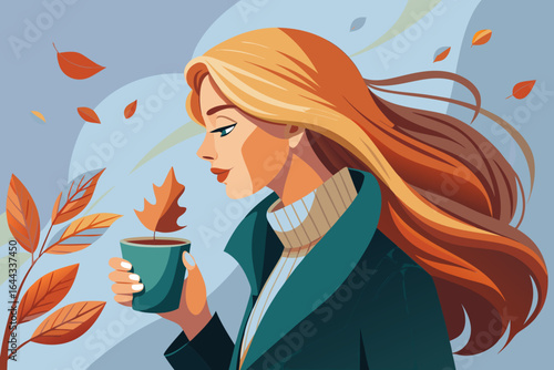 Woman with flowing hair holds a cup, admiring a leaf, surrounded by autumn leaves, showcasing the beauty of the season and the essence of fall vibes