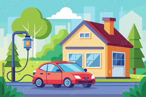 Electric car charging at home wall station in cozy vector illustration, surrounded by green yard and house, showcasing modern sustainable living and eco-friendly technology