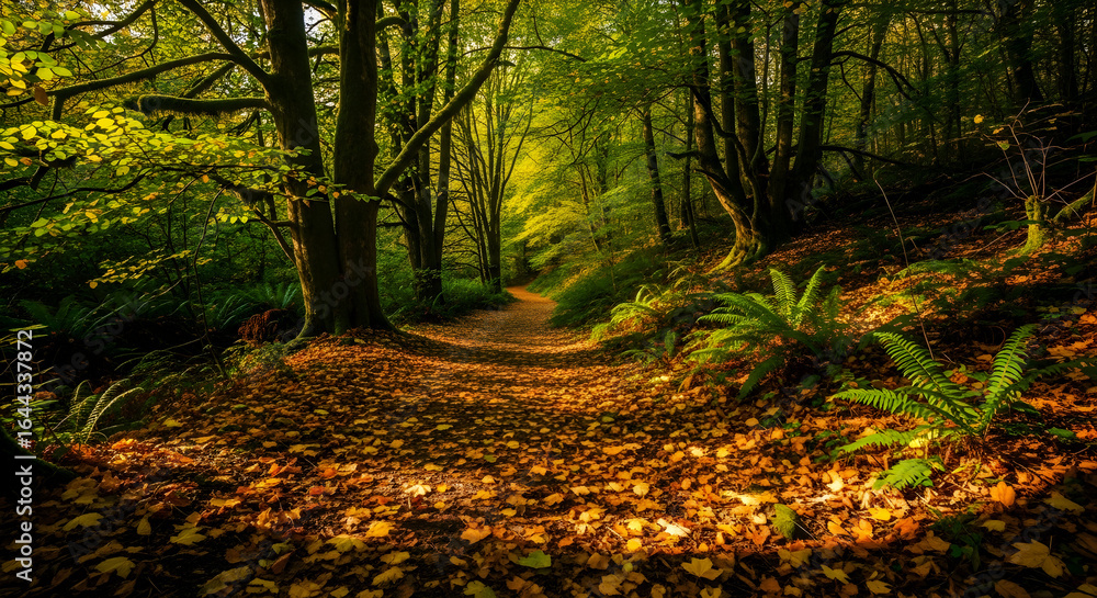 Fototapeta premium Enchanting Forest Path Covered in Golden Autumn Leaves with Dappled Sunlight