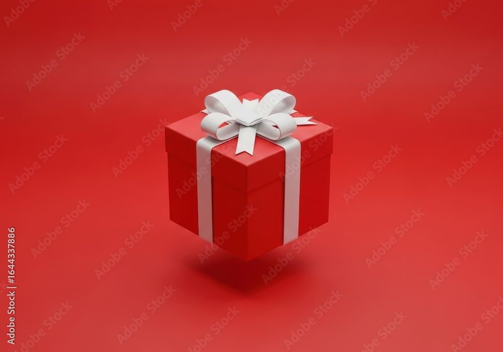 Obraz premium A Red Christmas Gift Box with a White Ribbon Bow Levitates Against a Crimson Background