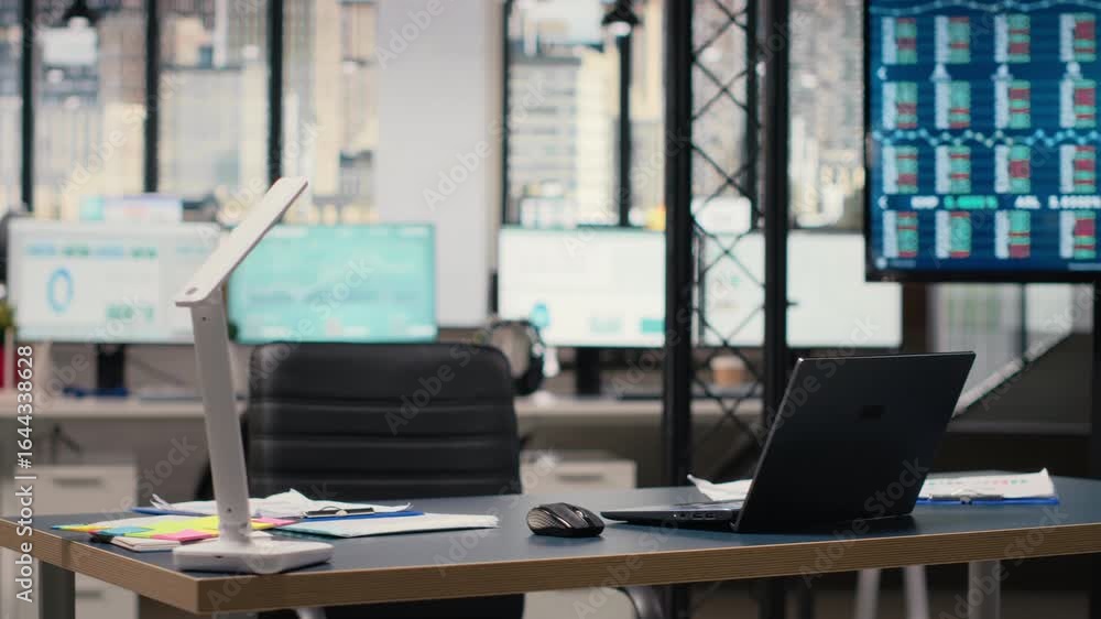 custom made wallpaper toronto digitalEmpty modern office in a multinational company awaits strategy meeting. Charts, digital tools and planning documents reflecting professional environment focused on growth and development.