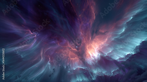 A painterly solar corona explosion with rippling aurora energy cascading toward a small blue planet.