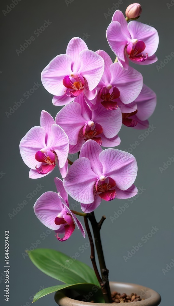 Obraz premium Delicate orchid branch with full bloom flowers in a vase, stems, petals