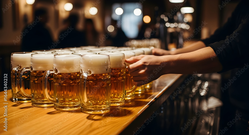 Naklejka premium Many Glasses of Fresh Beer Lined Up on a Bar Counter, Ready to be Served