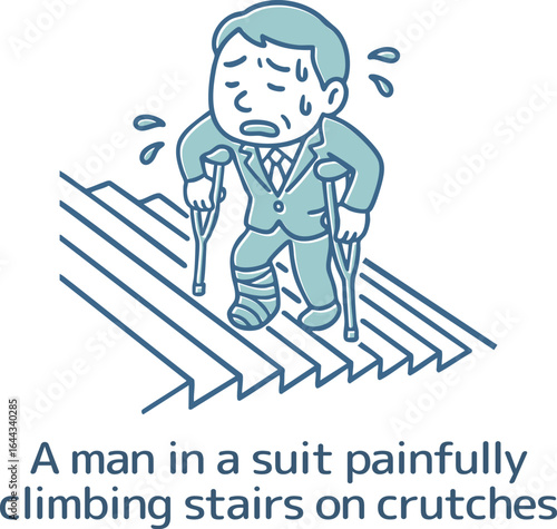 苦労して階段を上がる松葉杖をついている男性
A man on crutches struggling to climb stairs 