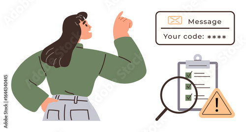 Confident woman gesturing towards security message box, checklist with tick marks, magnifying glass, and caution alert. Ideal for security, data verification, problem-solving, digital safety