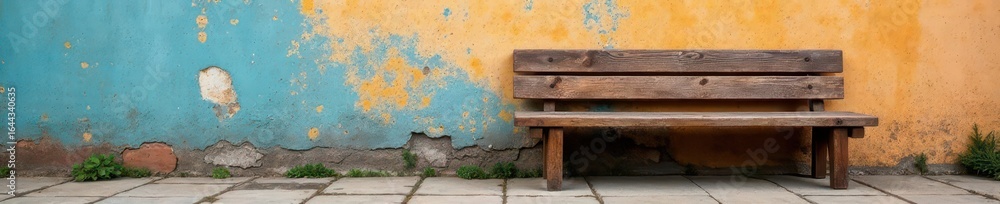 Fototapeta premium Rustic empty wooden bench against weathered wall , bench, simple