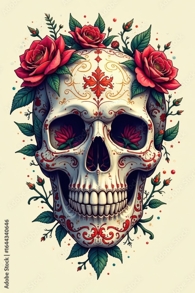 Fototapeta premium Skulls with intricate floral patterns and vines, surrounded by a halo of soft light , vintage, mysterious