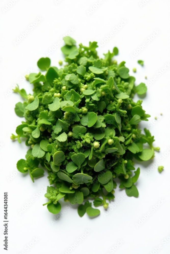 Obraz premium Close-up of finely chopped dried oregano, pure white background , white background, natural, culinary