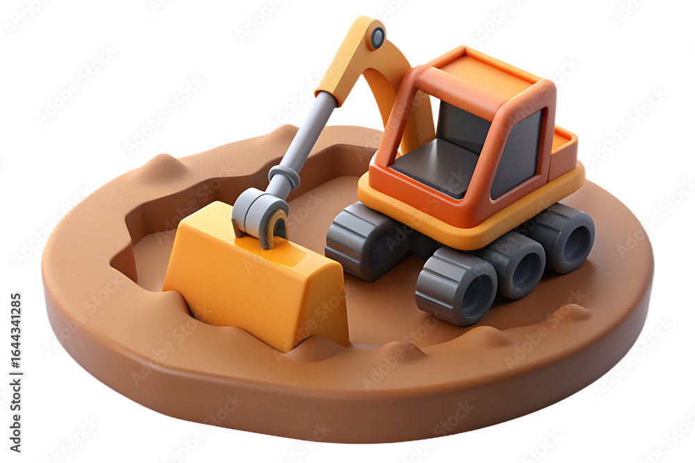 Obraz premium A small orange excavator digging a golden bar from brown soil on a circular platform digger construction