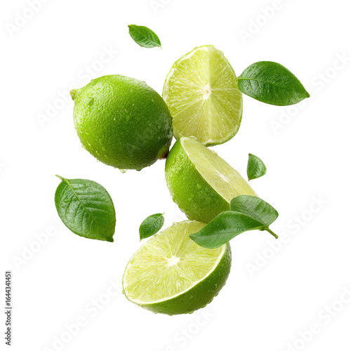Juicy limes and leaves levitate, showcasing vibrant green hues and glistening surfaces