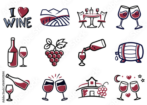 Wine Icons and Illustrations for Vineyards, Tastings, and Celebration Designs – Perfect for Winery Branding and Event Invitations