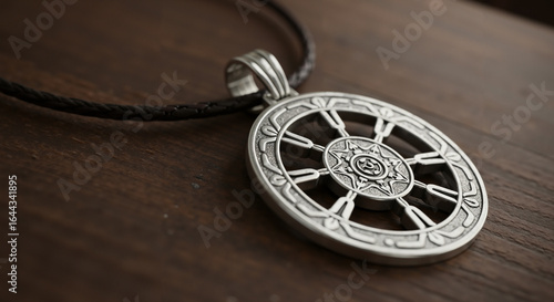 silver medicine wheel pendant on a leather cord, symbolic Indigenous jewelry, macro shot   Silver pendant with wheel design on leather cord resting on wood  