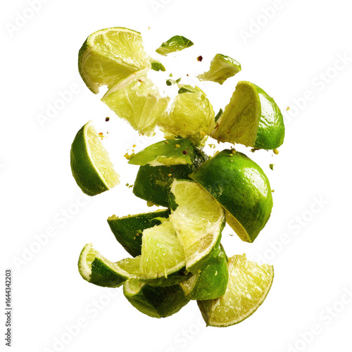 A vibrant cluster of lime wedges suspended mid-air, showcasing their juicy, green segments and textured peels