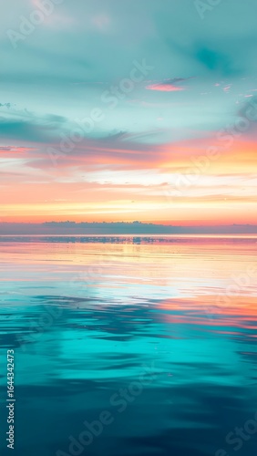 A serene ocean view with turquoise and pink sunset reflections on calm waters beneath a dreamy pastel sky, evoking peace and natural beauty in a surreal seascape.