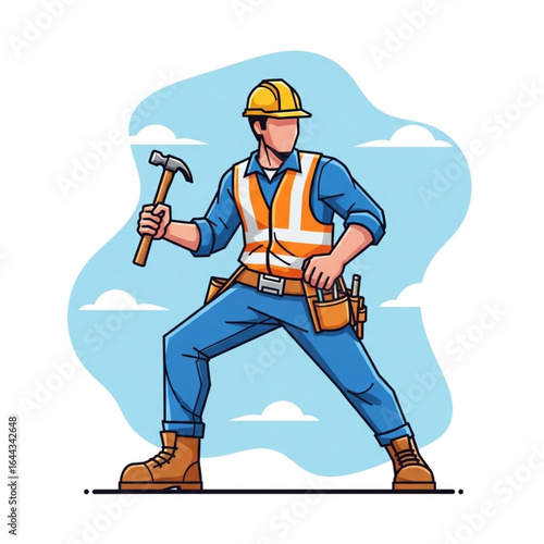 Builder in Safety Vest with Hammer – Flat Style